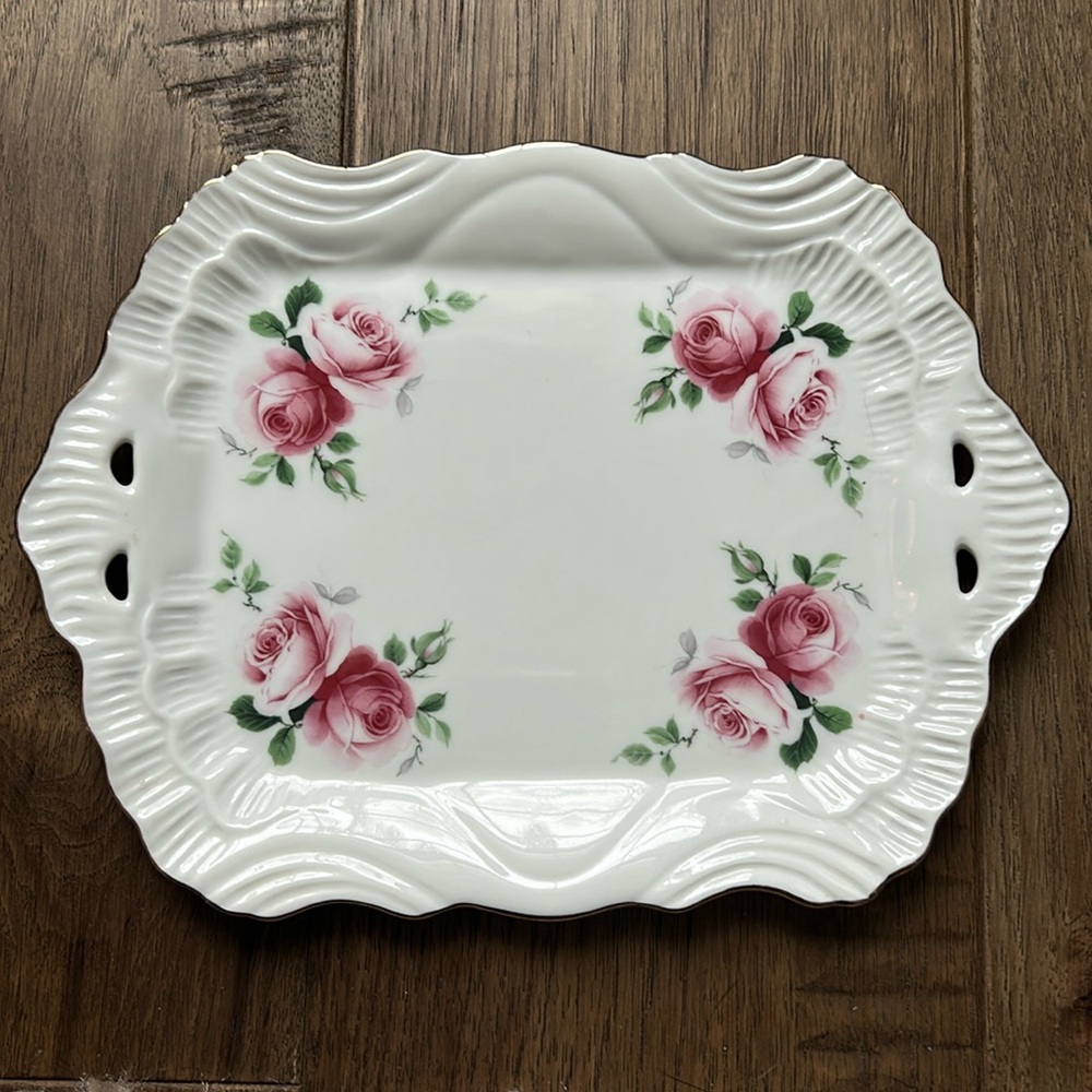 Golden Crown Small Serving Plate 9” Pink Roses E&R Germany Gold Trim Handles